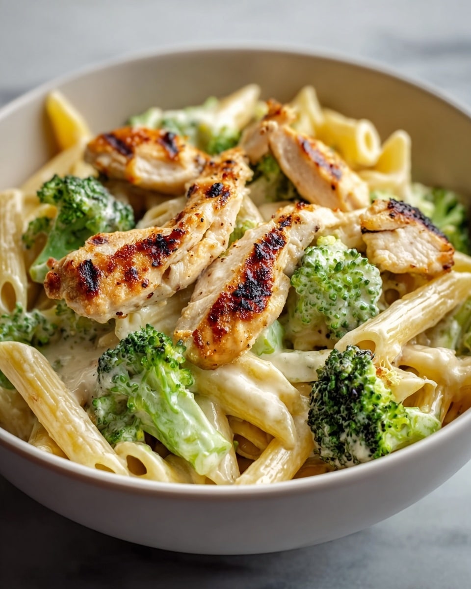 A bowl filled with a creamy pasta dish showing about three layers: the bottom layer is a thick white cream sauce, the middle layer has bright green broccoli florets with a slightly rough texture, and the top layer has light golden-brown grilled chicken strips and pale yellow penne pasta, both coated in the sauce. The chicken has charred spots and a slightly crispy surface, while the pasta shows a smooth, firm texture. The bowl is white with a subtle brown rim, placed on a white marbled surface. Photo taken with an iphone --ar 4:5 --v 7