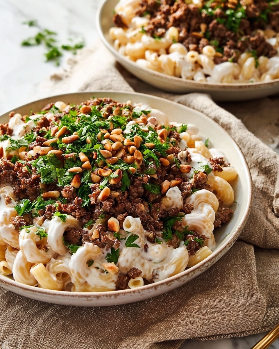 A white shallow bowl holds a two-layered dish arranged on a white marbled surface. The bottom layer is creamy macaroni pasta coated in a smooth white sauce with a slight dusting of red spices. The top layer is a mix of browned ground meat with a crumbly texture and small golden pine nuts. Fresh green chopped herbs are scattered over the meat and pasta, adding a touch of brightness. In the background, there is another bowl with the same dish slightly out of focus, and a spoon with a fork placed beside the bowl on a beige cloth. photo taken with an iphone --ar 4:5 --v 7
