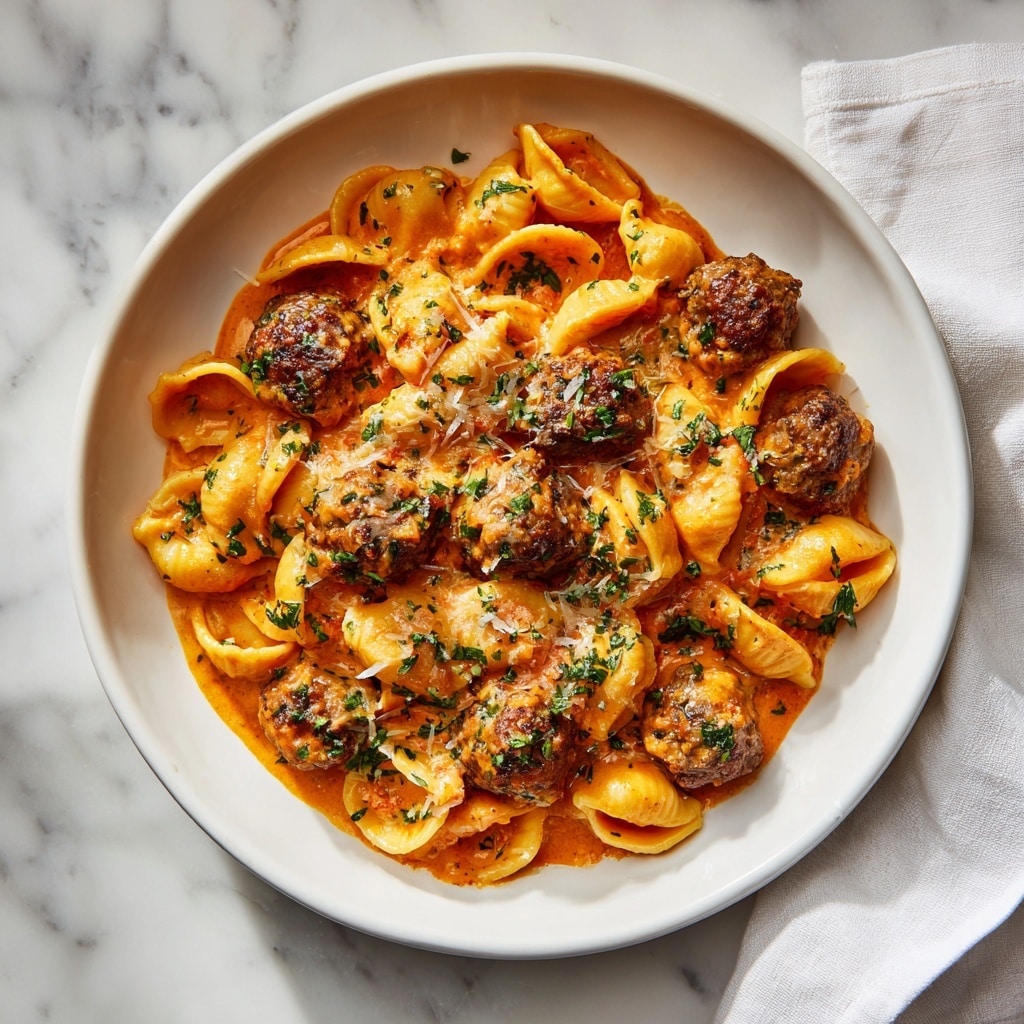 A close-up view of a black pot filled with a creamy orange sauce covering round meatballs and small shell pasta. The meatballs are brown and textured, evenly mixed with the pasta which is slightly shiny and coated in the sauce. Some green herb flakes are sprinkled on top. A metal spoon is partially submerged in the dish on the right side. The pot sits on a white marbled surface with a white cloth partially visible on the upper right corner. Photo taken with an iphone --ar 4:5 --v 7
