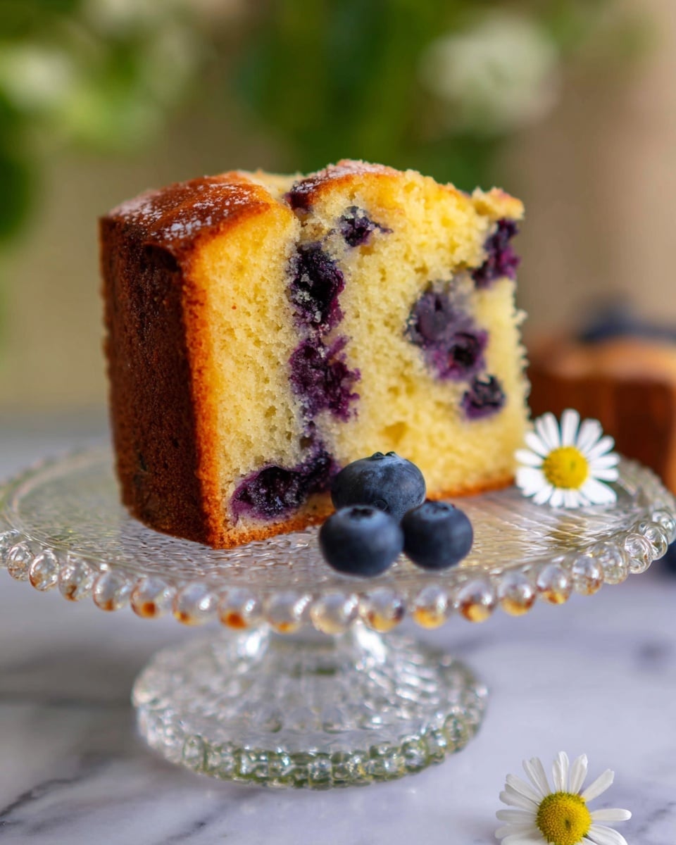 A thick slice of blueberry cake with a golden brown crust and light yellow crumb dotted with dark purple blueberries is shown standing upright on a clear glass cake stand with a bead pattern on its edge. In front of the cake slice on the stand are three fresh blueberries and a small white daisy flower with a yellow center. The background is softly blurred with neutral tones, and everything rests on a white marbled surface. photo taken with an iphone --ar 4:5 --v 7