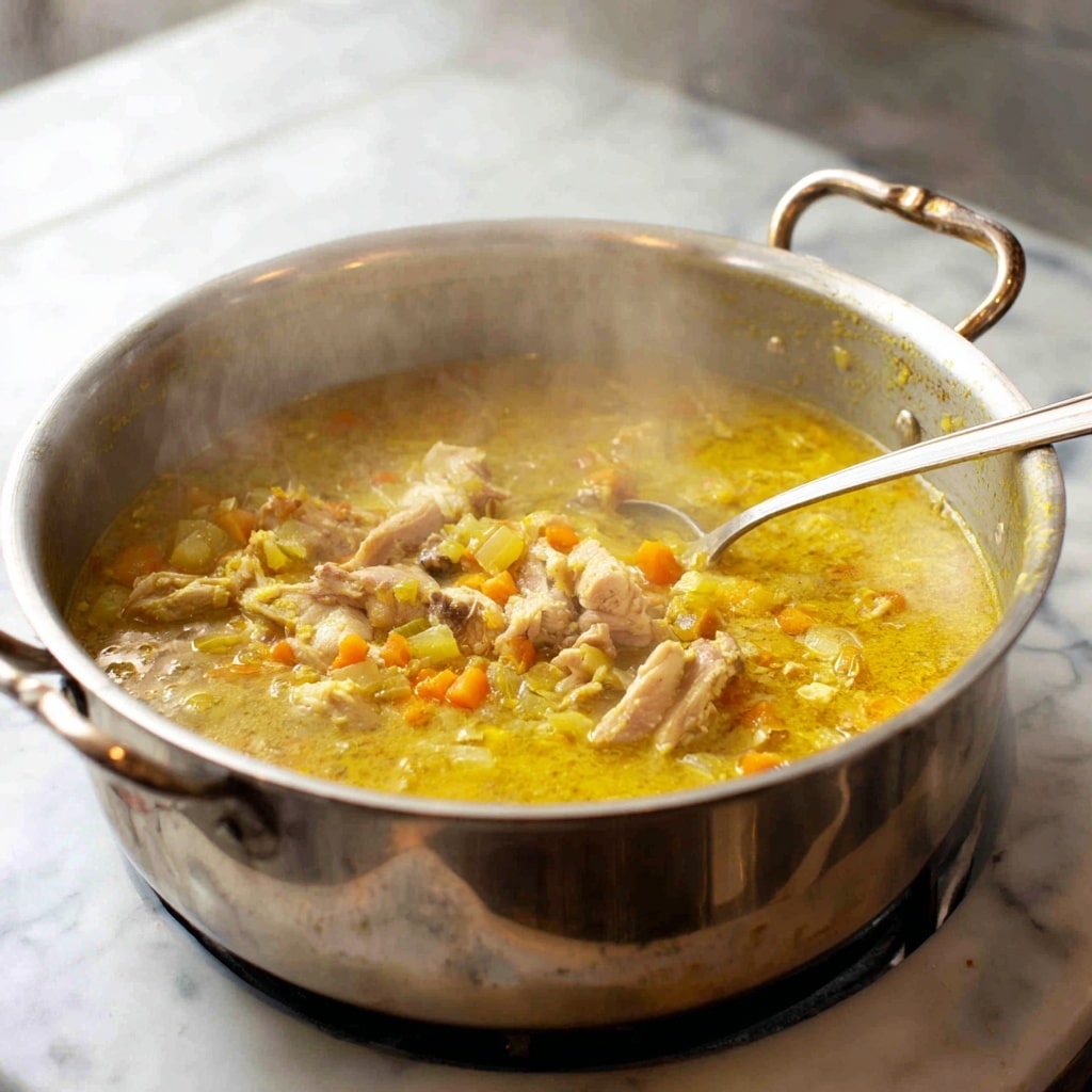 A large silver pot filled with a thick yellow stew, in which pieces of cooked chicken are clearly visible mixed with small yellow and orange vegetables. The stew has a slightly oily surface with steam rising, showing it is hot. A silver spoon is stirring the stew from the right side of the pot. The pot rests on a stove, with a white marbled texture visible beneath. The stew's colors are warm, with hues of yellow, golden brown, and soft orange blending together in a rich, hearty mix photo taken with an iphone --ar 4:5 --v 7