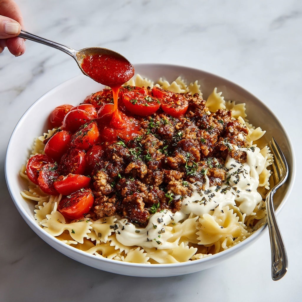 The image shows a white bowl filled with three main layers. The bottom layer is pale yellow bowtie pasta arranged evenly covering the bowl. The middle layer is a smooth white dollop of sour cream spread over the pasta. The top layer has crumbly cooked ground meat, dark brown with some bits of onion, spread across the sour cream. On top of the meat, there are bright red cherry tomato halves, sprinkled with dark green dried herbs. A silver fork rests inside the bowl on the pasta. The bowl sits on a white marbled surface, with a small bowl of red spice and a larger bowl of white sauce blurred in the background. photo taken with an iphone --ar 4:5 --v 7