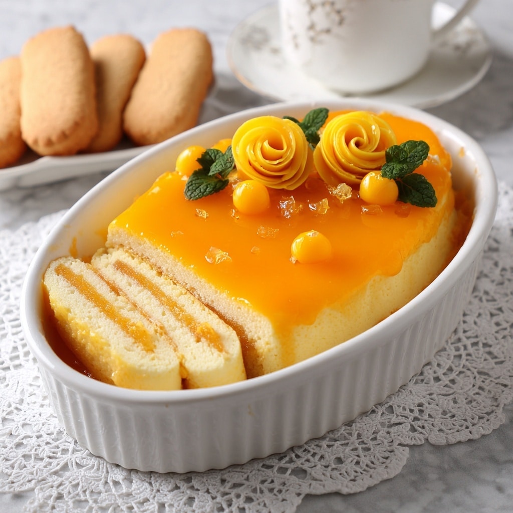 This dish is a multi-layered dessert served in a white oval dish. The bottom visible layers include a soft, light yellow cake or biscuit soaked with sauce, layered with creamy fillings, showing a slightly uneven texture. The top layer is a smooth, bright orange glaze evenly spread across the surface, glossy and reflective. Around one section near the edge are three small rose shapes made from thin, rolled slices of yellow fruit or jelly, accompanied by small green mint leaves and tiny yellow fruit chunks, creating a decorative cluster. The dish sits on a white marbled surface with a lace doily underneath, and several light-colored ladyfinger biscuits are placed near the dish. Photo taken with an iphone --ar 4:5 --v 7