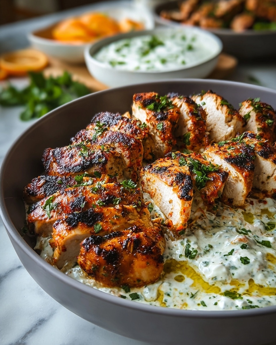 A round dark textured bowl shows grilled chicken pieces cut into thick slices with a golden brown, slightly charred surface and white inside. The chicken is arranged in a slightly curved pile, garnished with chopped green herbs. On the right side of the bowl, there is a creamy white sauce with green herb pieces mixed in, partially surrounding the chicken. The bowl sits on a wooden board over a white marbled surface. In the blurry background, there are white bowls holding various side dishes and some green herbs. Photo taken with an iphone --ar 4:5 --v 7