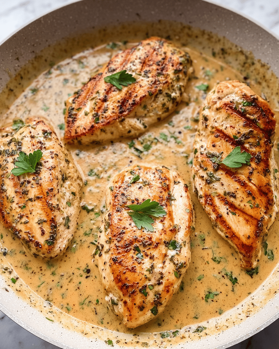 Three pieces of cooked chicken breasts sit in a light brown creamy sauce inside a white pan. Each piece has grill marks and some black pepper visible on the slightly browned surface. Small green parsley leaves are spaced on top of the chicken breasts, adding a fresh touch. The sauce has specks of herbs and spices, giving it texture and a rich look. The white pan contrasts with the warm tones of the chicken and sauce. The background is a white marbled texture. photo taken with an iphone --ar 4:5 --v 7