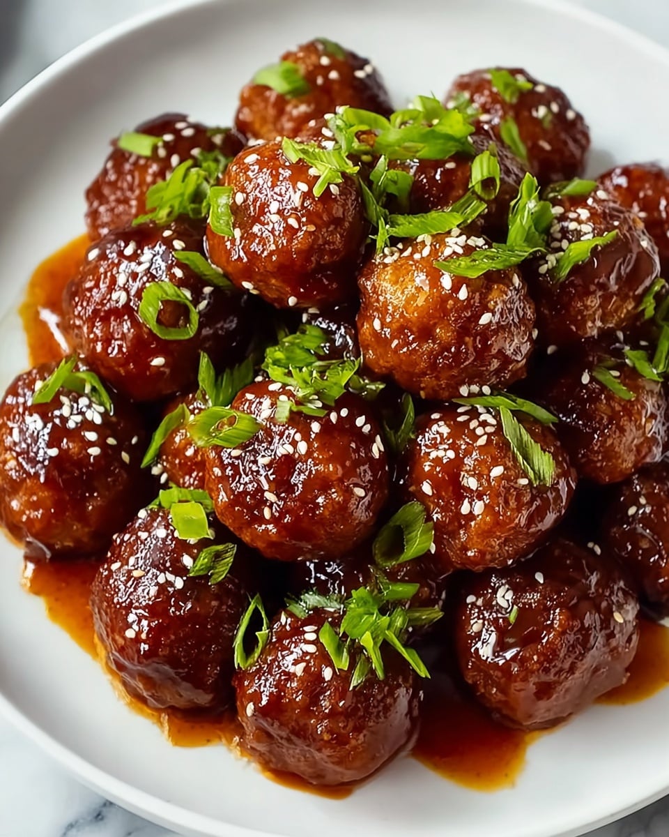 A pile of small round meatballs covered in a shiny, thick reddish-brown sauce sits on a white plate. The meatballs are evenly coated and sprinkled with small white sesame seeds and chopped green onions, giving a fresh contrast on top. The sauce pools slightly around the base of the meatballs, adding a glossy layer beneath them. The background shows a white marbled texture that highlights the dish's rich colors. photo taken with an iphone --ar 4:5 --v 7