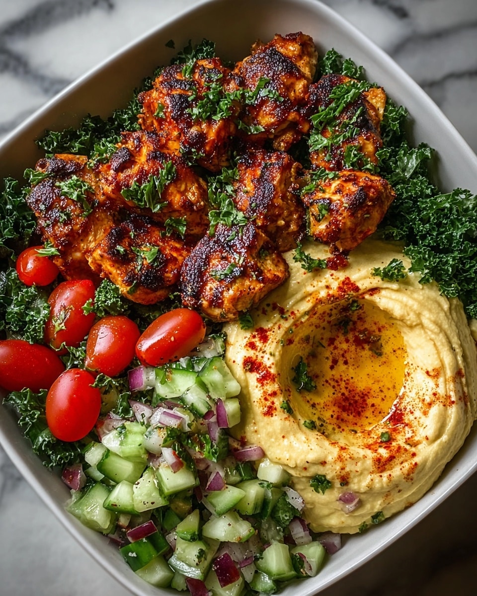 The dish is served in a white square bowl, showing four main layers from left to right: on the far left, there are pieces of grilled chicken with a charred, golden-brown texture sprinkled with chopped green parsley; next to it is a vibrant, fresh mix of halved red cherry tomatoes and more parsley; beside that is a layer of chopped green cucumber with bits of parsley and sprinkled red pepper flakes; on the far right is a creamy beige hummus with a pool of golden olive oil in the center and a dusting of red paprika around the oil. The white bowl sits on a white marbled surface. Photo taken with an iphone --ar 4:5 --v 7