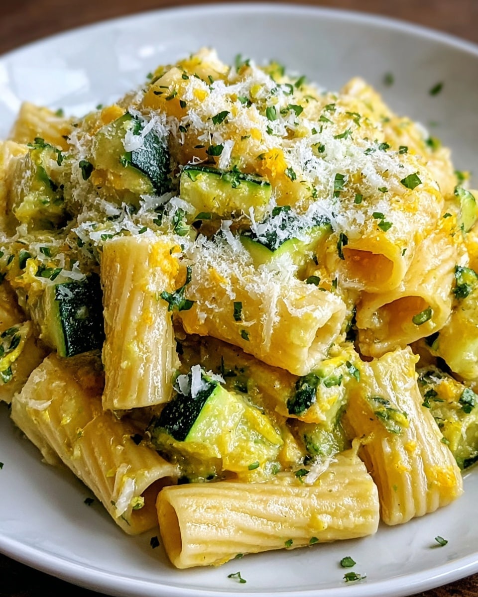 A close-up of a plate of rigatoni pasta layered with pieces of green zucchini, coated in a creamy yellow sauce with a slightly chunky texture, and sprinkled with finely grated white cheese and small green herb flakes scattered across the top and mixed throughout. The food sits on a white plate, placed on a white marbled surface. photo taken with an iphone --ar 4:5 --v 7