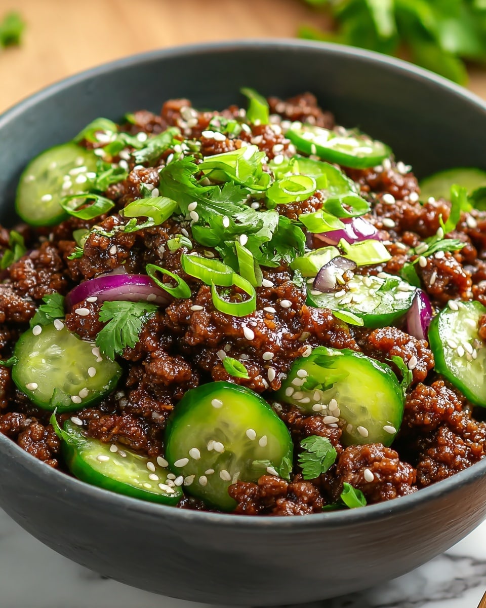 A close-up view of a dark gray bowl filled with cooked ground beef coated in a glossy, dark brown sauce, mixed with bright green cucumber slices and small pieces of purple onion. On top, there are chopped green onions and fresh cilantro leaves sprinkled with white sesame seeds. The bowl sits on a white marbled surface with a blurred green garnish visible in the background. photo taken with an iphone --ar 4:5 --v 7