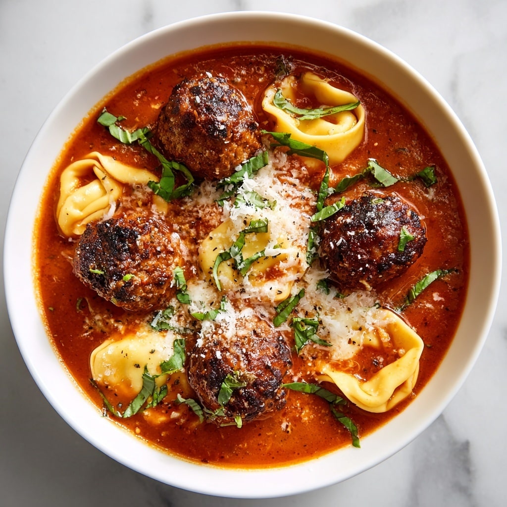 A white bowl filled with a rich red tomato sauce base, layered with several lightly browned meatballs scattered throughout. There are tortellini pasta pieces submerged in the sauce, pale yellow in color and plump in shape. Fresh green basil leaves are spread on top, adding a vibrant contrast. A layer of melted white cheese is drizzled over the meatballs, slightly melted and blending with the sauce. The bowl sits on a white marbled surface. photo taken with an iphone --ar 4:5 --v 7