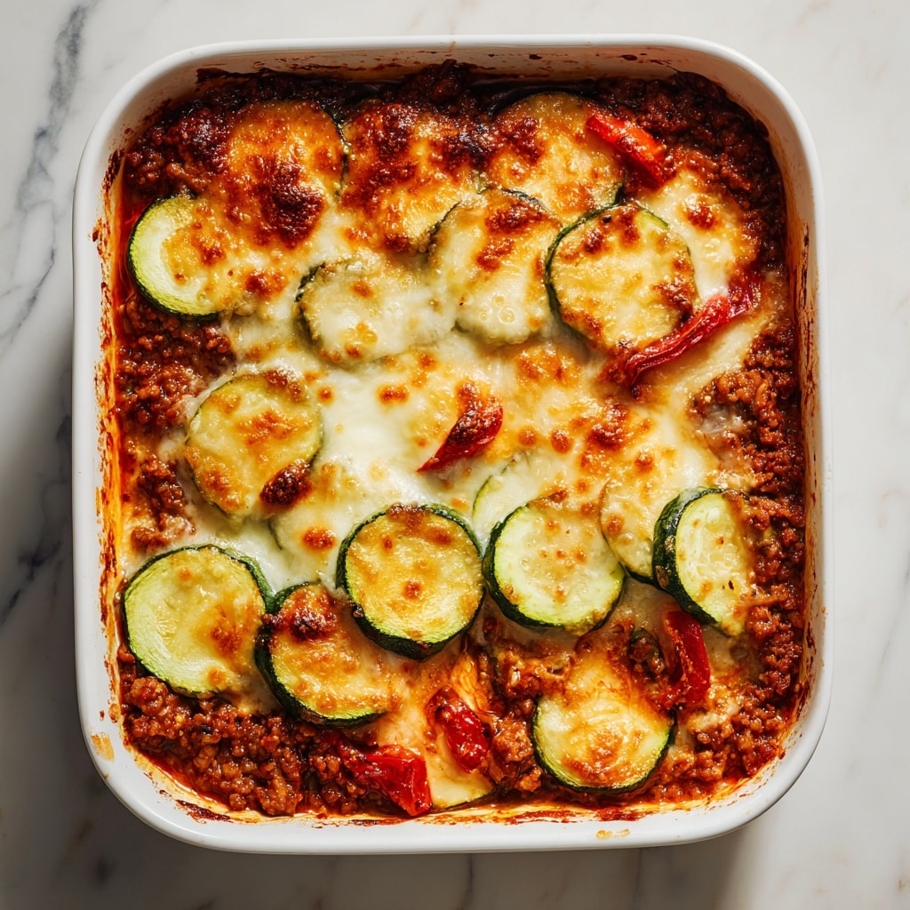 The dish is in a white rectangular baking dish with three visible layers. The bottom layer is a rich, browned ground meat sauce with a crumbly texture. Above this is a layer of thick, round zucchini slices, green on the outside and pale yellow inside, arranged in a row. The top layer is a golden-brown melted cheese that has bubbly and slightly browned spots, covering parts of the zucchini and chunks of red roasted bell pepper scattered on the surface. The dish sits on a white marbled texture surface with soft natural light. photo taken with an iphone --ar 4:5 --v 7