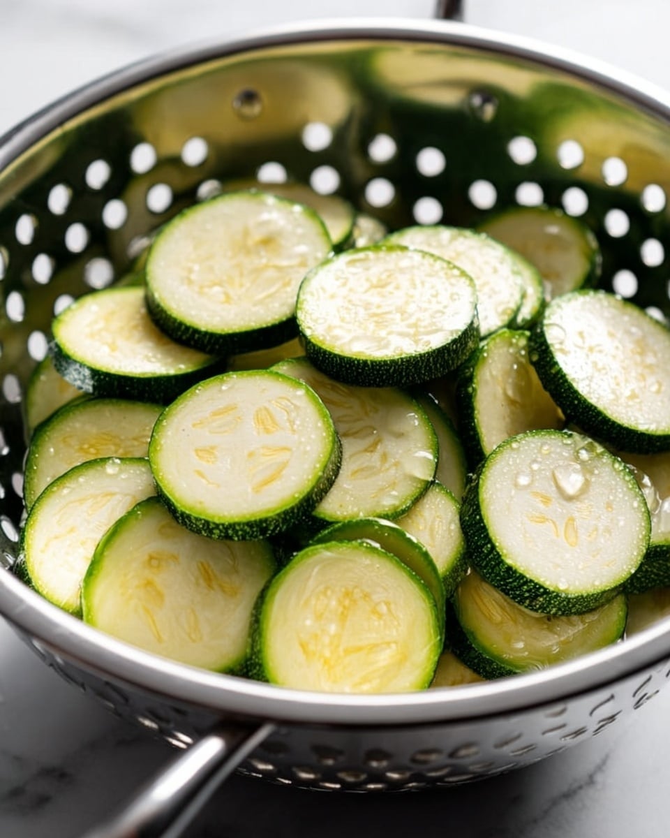 A close-up view of many round zucchini slices inside a stainless steel colander with small holes all around. The zucchini slices have a light green center with pale yellow seeds and a darker green outer skin. Droplets of water cling to the zucchini and inside the colander, showing they have just been washed. The colander sits on a white marbled texture surface, reflecting some light. photo taken with an iphone --ar 4:5 --v 7