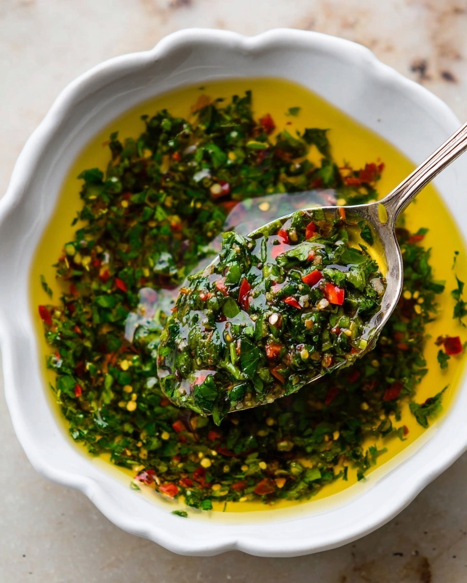 A white bowl with a mixture of finely chopped green herbs, small red pepper pieces, and olive oil filling the bowl, creating a glossy, oily surface. The herbs and red bits float in the oil, with seasonings scattered throughout. A silver spoon lifts some of the herb and oil mix, showing the vibrant green and red colors against the shiny, golden oil. The bowl sits on a white marbled texture. photo taken with an iphone --ar 4:5 --v 7