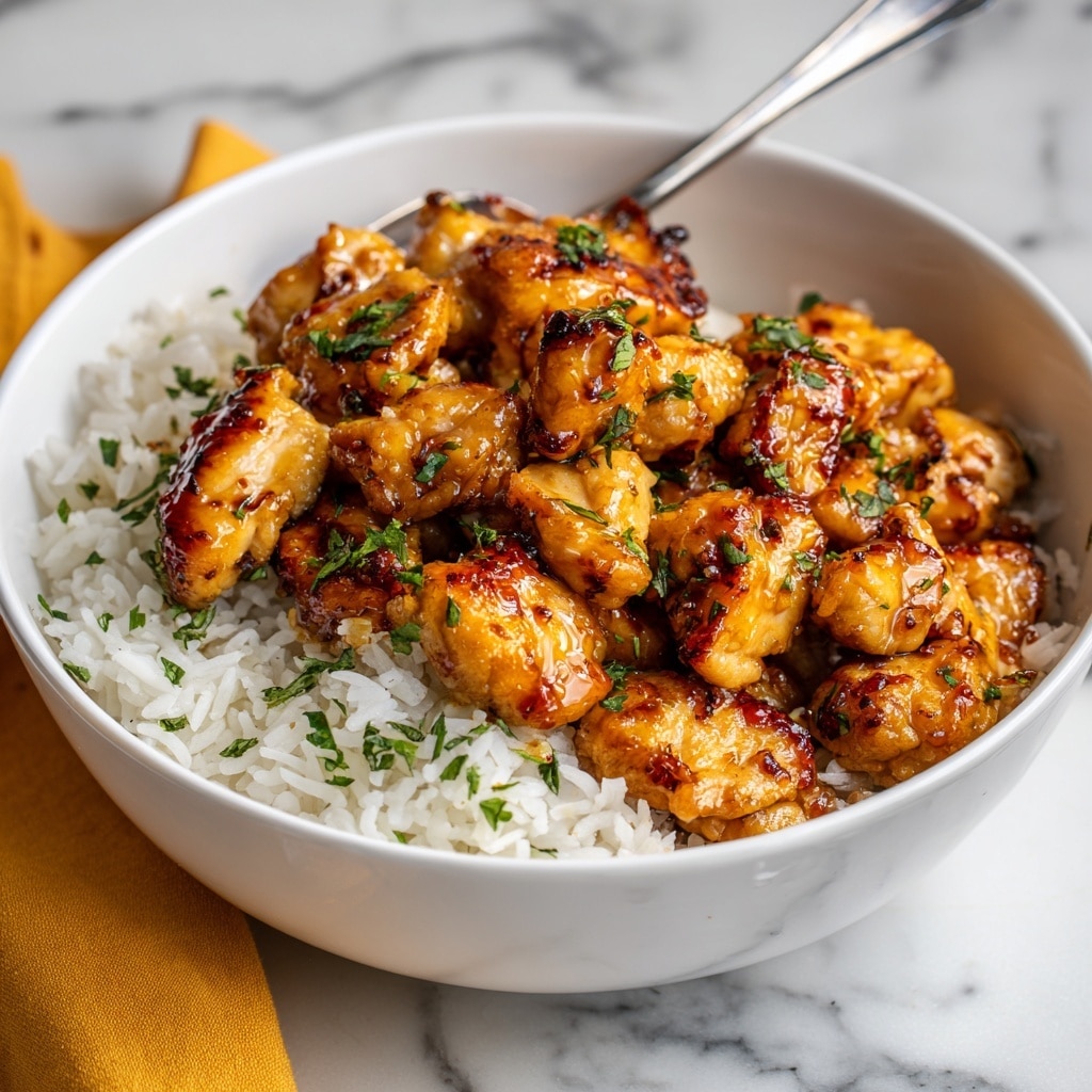 The image shows a white bowl filled with white rice at the bottom as the first layer, with plump and slightly sticky grains. On top, there is a second layer of golden-brown glazed chicken pieces that look juicy and tender, each piece glistening with a shiny sauce. The chicken is garnished with small green herb bits and tiny pieces of cooked garlic scattered throughout. The bowl is placed on a surface with a white marbled texture, with some soft light creating slight reflections on the glossy chicken. photo taken with an iphone --ar 4:5 --v 7