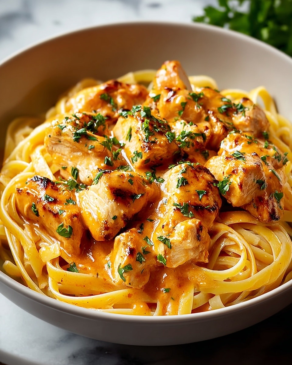 A close-up view of creamy fettuccine pasta topped with chunks of golden-brown grilled chicken sprinkled with green herbs and black pepper. The pasta forms a thick, slightly twisted base layer of light beige creamy noodles, and the chicken pieces sit generously on top, showing a shiny, slightly glazed texture. A fork lifts a bite of the chicken and noodles above the bowl. The bowl is white with a dark inner wall, contrasting the dish, and the setting is on a white marbled texture. The lighting highlights the glossy cream sauce and the texture of the chicken. photo taken with an iphone --ar 4:5 --v 7