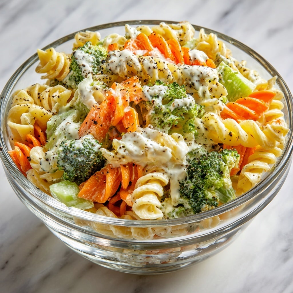 A close-up view of pasta salad in a clear glass bowl, filled with three main layers: twisted yellow pasta shapes, bright green broccoli florets, and round orange carrot slices, all coated evenly with a creamy white dressing speckled with green herbs. The pasta is firm and smooth, the broccoli has a rough texture with tiny green buds, and the carrots show a glossy surface with visible slices. The bowl sits on a white marbled surface, highlighting the vibrant colors of the salad. photo taken with an iphone --ar 4:5 --v 7
