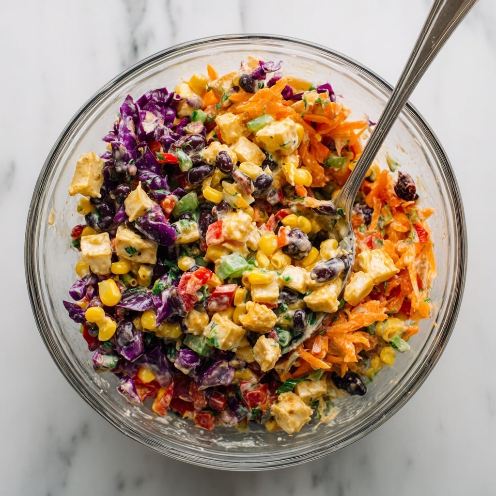 A clear glass bowl filled with a colorful mixed salad. It has several layers of ingredients including black beans, bright yellow corn kernels, thin orange carrot sticks, small cubes of light beige tofu, chopped red cabbage in a deep purple shade, green chopped celery, and red bell pepper chunks. The salad is coated lightly with a creamy dressing that clings to each piece, with flecks of green herbs scattered throughout. A metal spoon is partially submerged in the mix, with some salad resting on it, all placed against a white marbled surface. Photo taken with an iphone --ar 4:5 --v 7