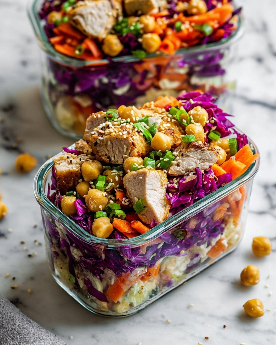 The image shows two clear glass containers filled with a colorful salad on a white marbled surface. Each container has multiple layers: the bottom layer is made up of bright orange thin carrot sticks and deep purple chunks of cabbage. The middle layer includes light beige chickpeas mixed evenly throughout. On top, there are pieces of cooked chicken with a light golden brown sear on the surface. The salad is garnished with chopped green onions and scattered tan sesame seeds. The overall look is fresh, vibrant, and textured. Photo taken with an iphone --ar 4:5 --v 7