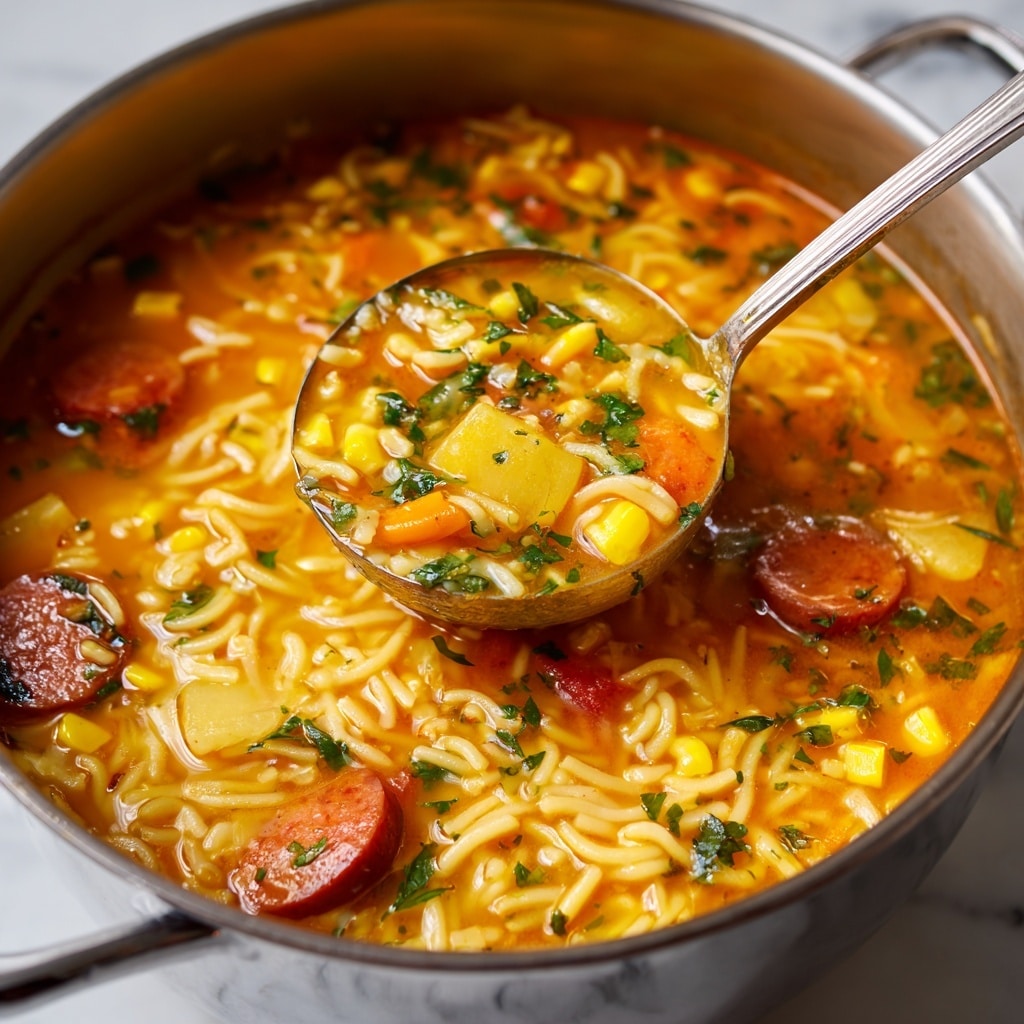 A close-up view of a pot filled with a rich orange-red broth soup, showing three main layers: thick yellow corn rounds, soft light yellow potato chunks, and small pieces of reddish sausage. The soup also contains thin golden-yellow noodles spread throughout, with small green herbs and some green olives floating inside. A shiny metal ladle scoops out some of the soup, emphasizing the texture of the noodles, potatoes, and broth. The pot edge is visible with small sauce stains, and the background is a white marbled texture. photo taken with an iphone --ar 4:5 --v 7