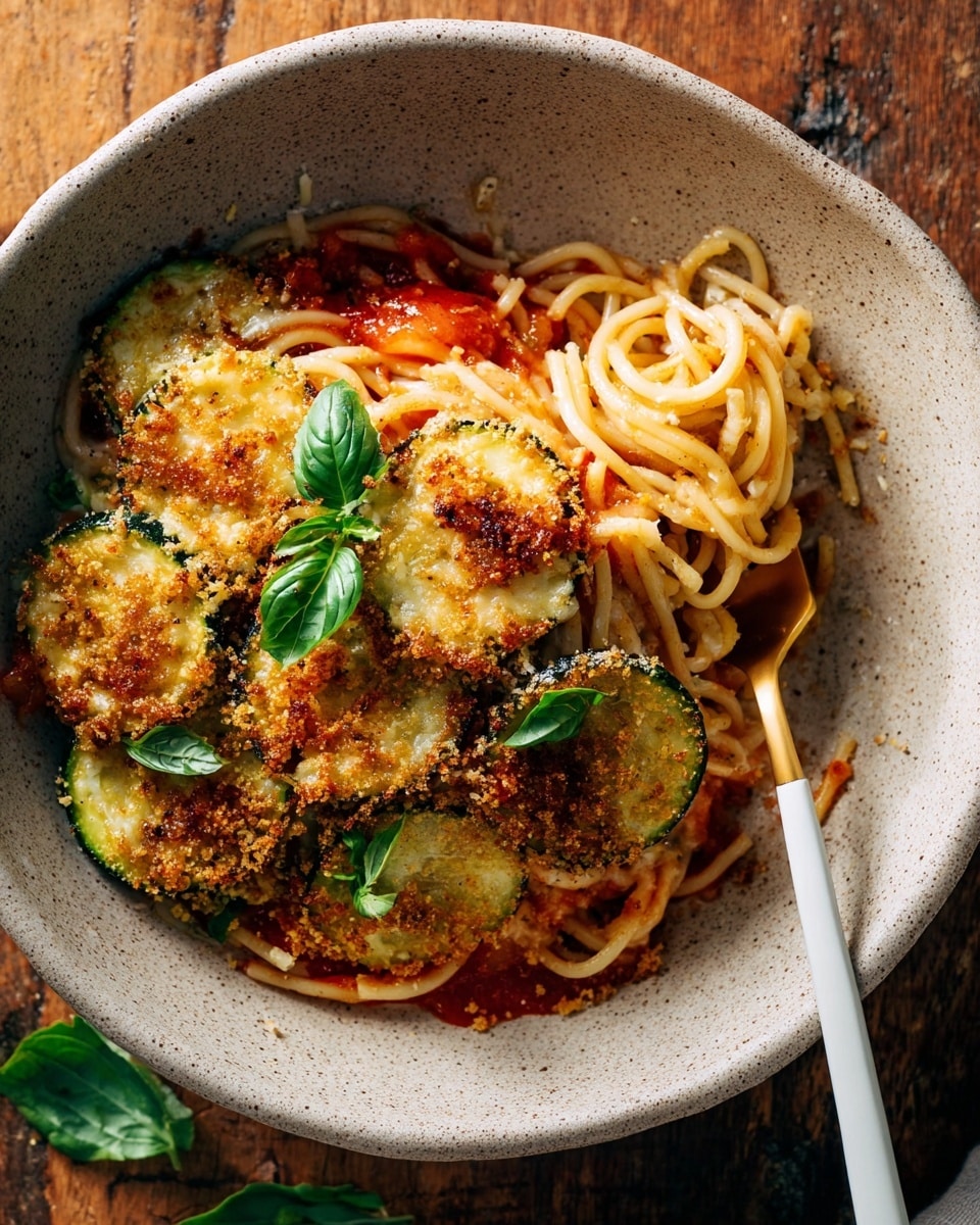 A bowl filled with a base layer of cooked spaghetti noodles mixed with red tomato sauce, topped with a layer of thinly sliced, golden-browned zucchini covered with melted cheese that has crispy brown spots, and sprinkled with crunchy breadcrumbs. A few fresh green basil leaves sit on top, adding a pop of color. A white and gold fork is twirling some noodles on the right side of the bowl. The bowl is light gray with a speckled texture, sitting on a wooden table with some scattered basil leaves around it. Photo taken with an iphone --ar 4:5 --v 7