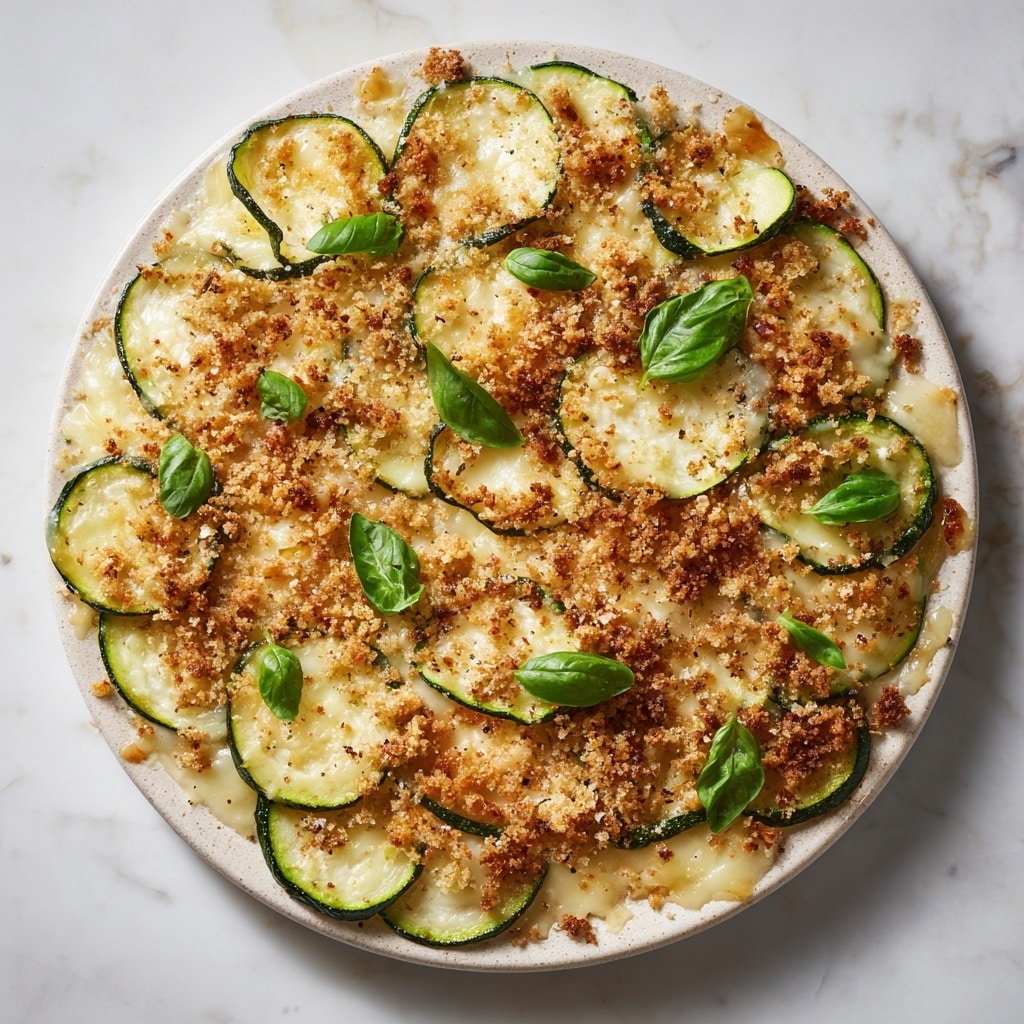 The dish shows loose layers of thin zucchini slices with a pale green and white color, scattered unevenly across the surface. Between and on top of the zucchini are crunchy, golden-brown breadcrumb pieces, creating a rough and textured layer. Melted, bubbly cheese with a light golden tint covers parts of the zucchini and crumbs, adding a creamy texture to the dish. Fresh, deep green basil leaves are placed intermittently around the food, adding a pop of color and freshness. The whole scene rests on a white marbled texture surface. photo taken with an iphone --ar 4:5 --v 7