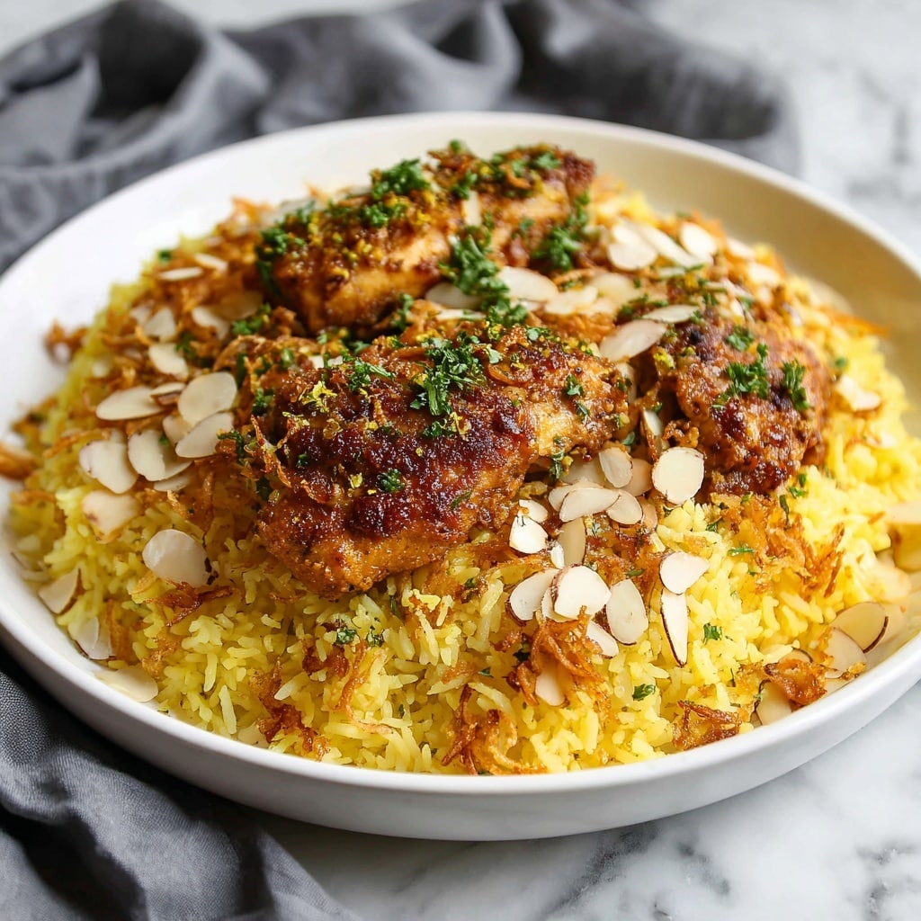 The image shows a white plate filled with yellow rice that looks fluffy and slightly oily, layered with light golden fried onions scattered on top and around the rice. On top of the rice, there are two pieces of brownish, spiced chicken that look crispy with green herbs sprinkled over them. Thin, pale, sliced almonds are spread evenly over the whole dish, adding a crunchy texture contrast. The plate is set against a white marbled background with a gray cloth partially visible nearby. photo taken with an iphone --ar 4:5 --v 7