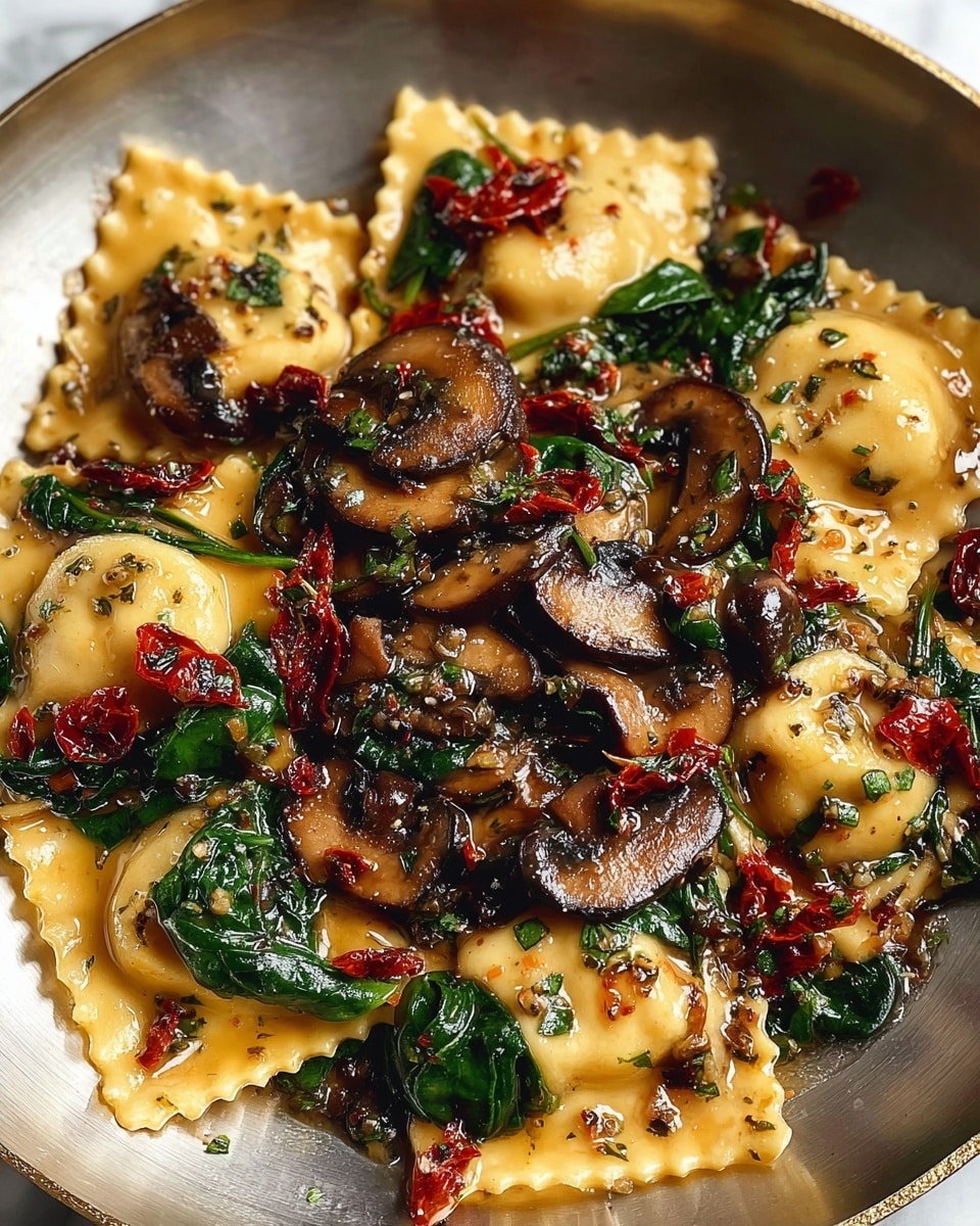 The dish shows a single layer of golden ravioli with scalloped edges, topped with sautéed dark brown mushroom slices and vibrant green wilted spinach leaves. Scattered throughout are small pieces of deep red sun-dried tomatoes and very finely chopped herbs, creating a mix of earthy and fresh colors. The surface beneath the food is a white marbled texture, enhancing the rich tones of the ingredients. The overall look is warm, glossy, and inviting with a mix of soft and slightly crispy textures photo taken with an iphone --ar 4:5 --v 7