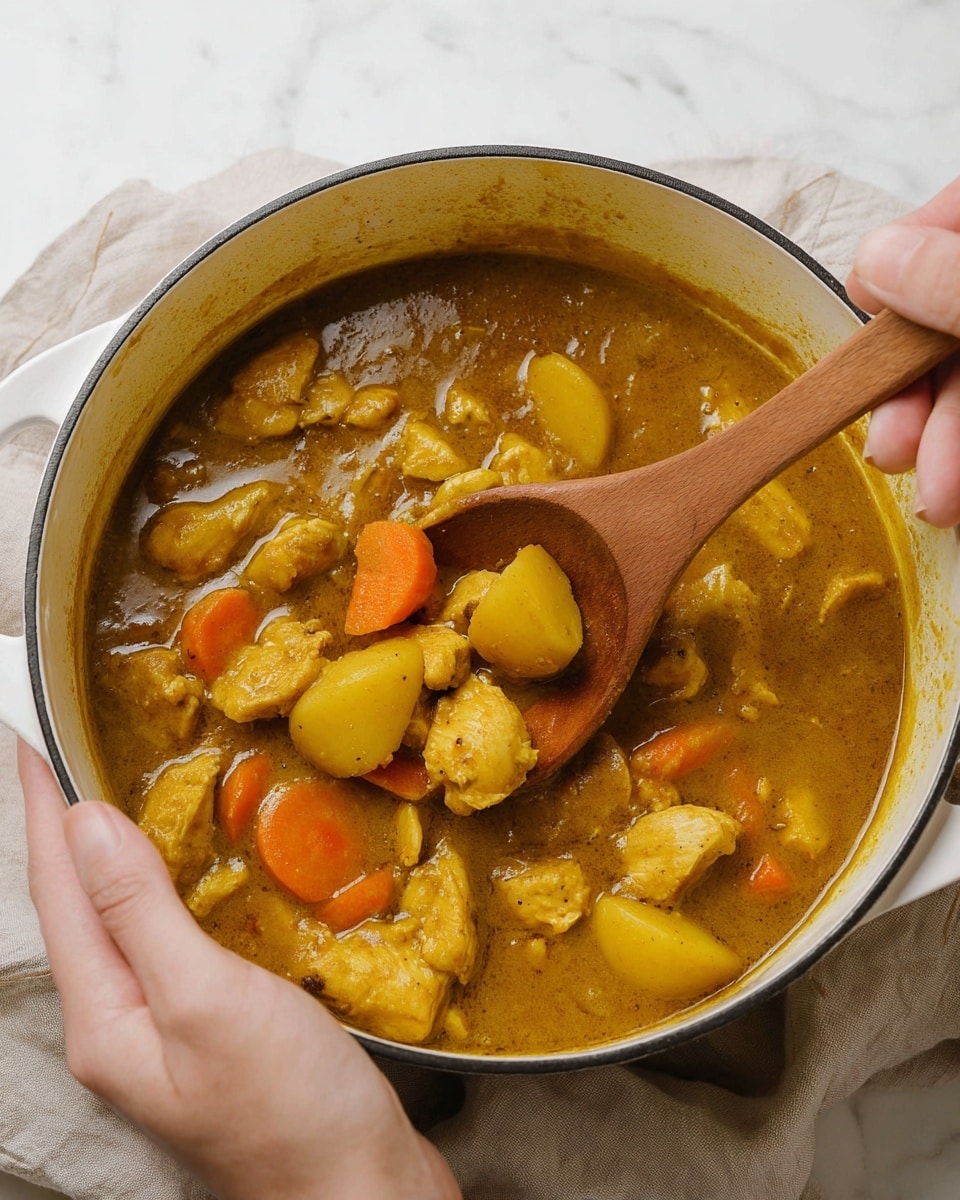 A close-up of a white pot filled with a thick yellowish-brown curry that contains chunky pieces of light brown chicken, orange carrot slices, and pale yellow potato chunks, all mixed in a smooth sauce. A wooden spoon is stirring the curry, lifting a spoonful with visible pieces of potato and carrot. Two woman's hands hold the pot, one gripping the side and the other steadying the bottom, with a light-colored cloth draped around the pot. The surface under the pot is a white marbled texture. photo taken with an iphone --ar 4:5 --v 7