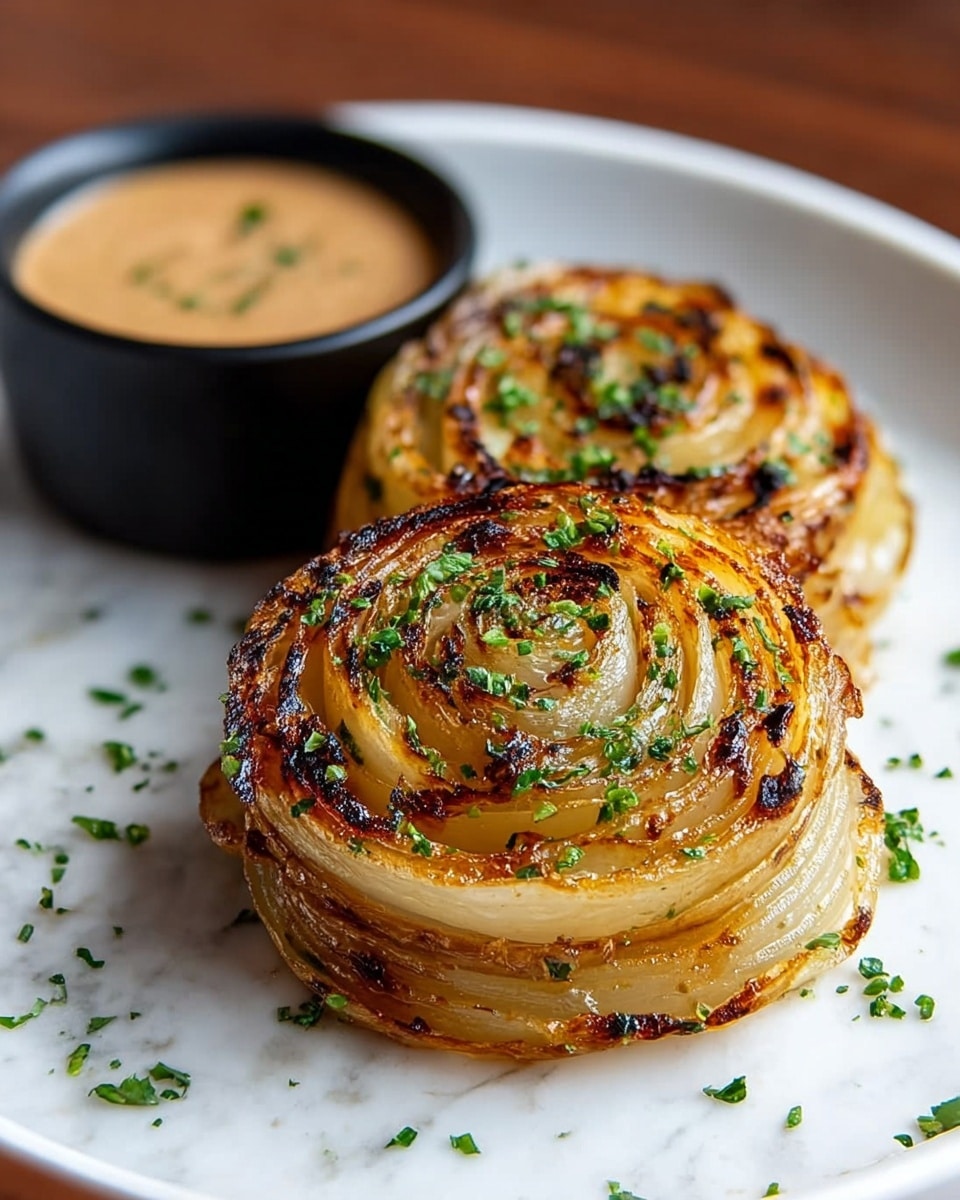 Three thick, round, golden-brown grilled onion slices are stacked on a white plate. Each slice shows visible layers grill-marked with slight charring, forming a spiral pattern. The onions are garnished with finely chopped green herbs evenly spread on top. To the side on the plate, there is a small black bowl filled with light brown sauce. The plate is set on a white marbled surface. photo taken with an iphone --ar 4:5 --v 7