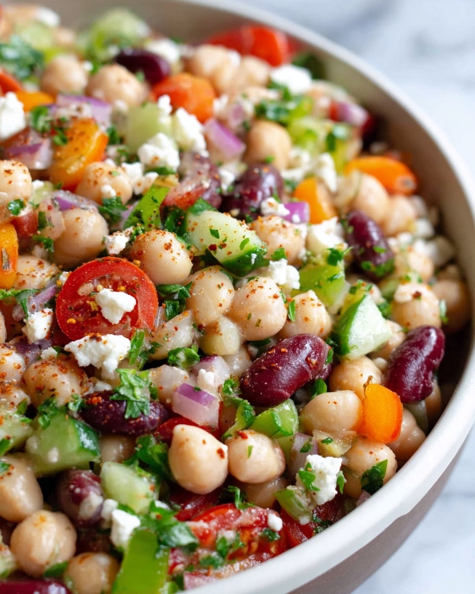 A white bowl filled with a colorful bean salad made up of chickpeas, white beans, red kidney beans, diced green cucumber, chopped red onion, small pieces of orange and yellow bell pepper, and halved cherry tomatoes mixed with chopped green parsley. The salad has a light sprinkle of seasoning on top. Behind the bowl, there is a jar with a dark red spice and a bottle with a light blue label, along with a halved lemon and a bright yellow lemon squeezer. On the right side of the bowl, there are two wooden salad servers resting partly inside the bowl. All of this is set on a white marbled surface. photo taken with an iphone --ar 4:5 --v 7