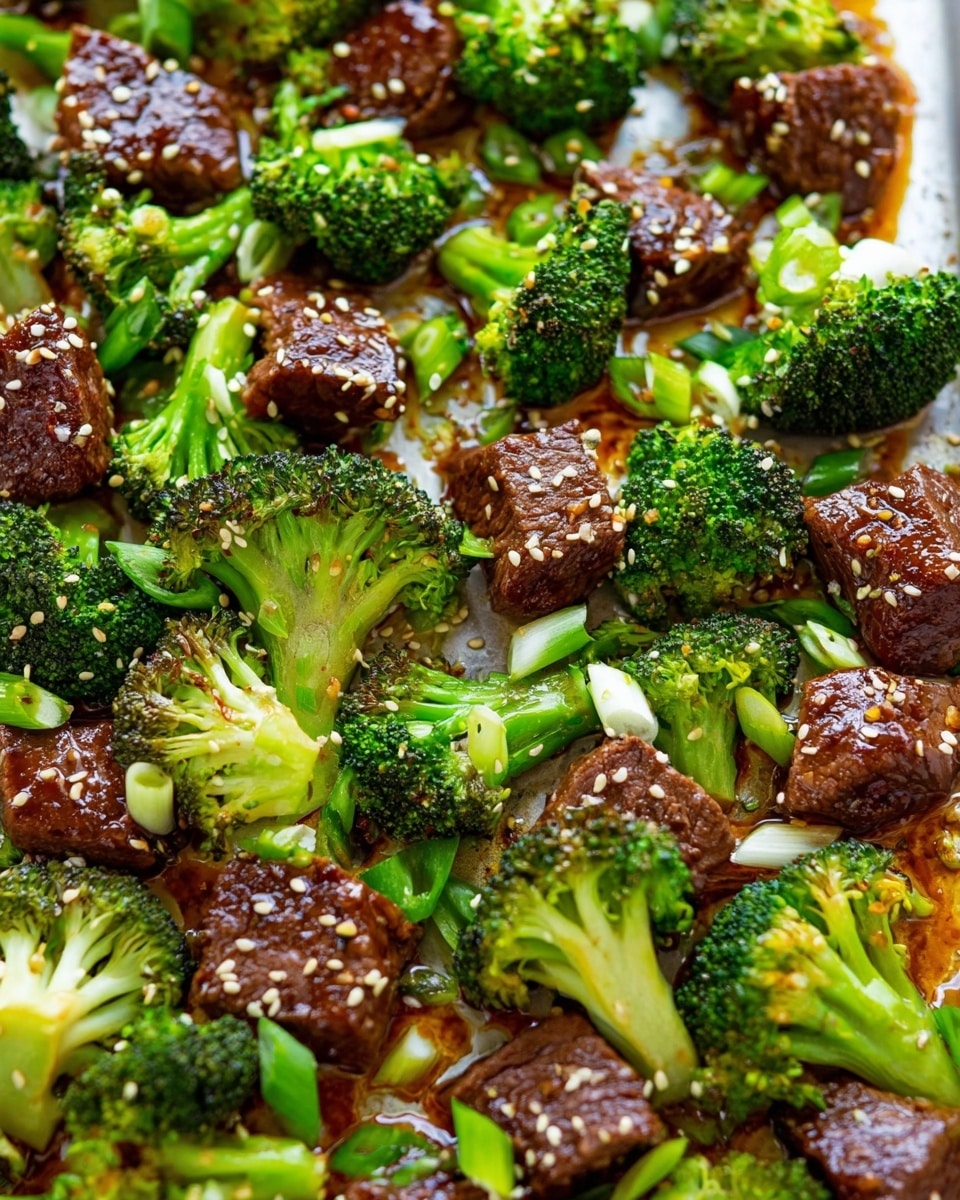The close-up image shows several bite-sized pieces of browned beef, covered in a shiny brown sauce, scattered among bright green broccoli florets with slightly charred edges. There are also crisp green onion pieces of varying lengths mixed throughout, all sprinkled with small pale sesame seeds. The entire dish is set against a white marbled textured background, making the colors of the food stand out vividly. The textures include the smooth sauce coating the beef and the fresh, slightly rough surface of the broccoli and onions. photo taken with an iphone --ar 4:5 --v 7