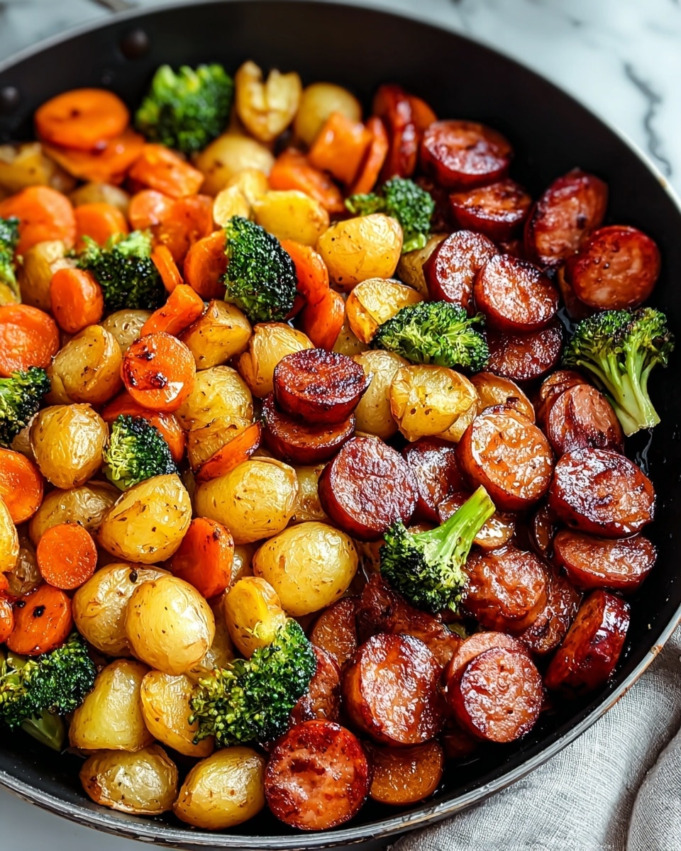 A black frying pan filled with a cooked dish made of three main layers: glossy brown sausage slices with slightly charred edges in the center and scattered around, bright orange cooked baby carrots placed mostly horizontal and diagonally across the pan, and small golden brown halved potatoes with a slight crispy look spread evenly; bright green broccoli florets add a pop of color around the carrots and potatoes, all garnished with small bits of chopped green herbs. The background has a white marbled texture. Photo taken with an iphone --ar 4:5 --v 7