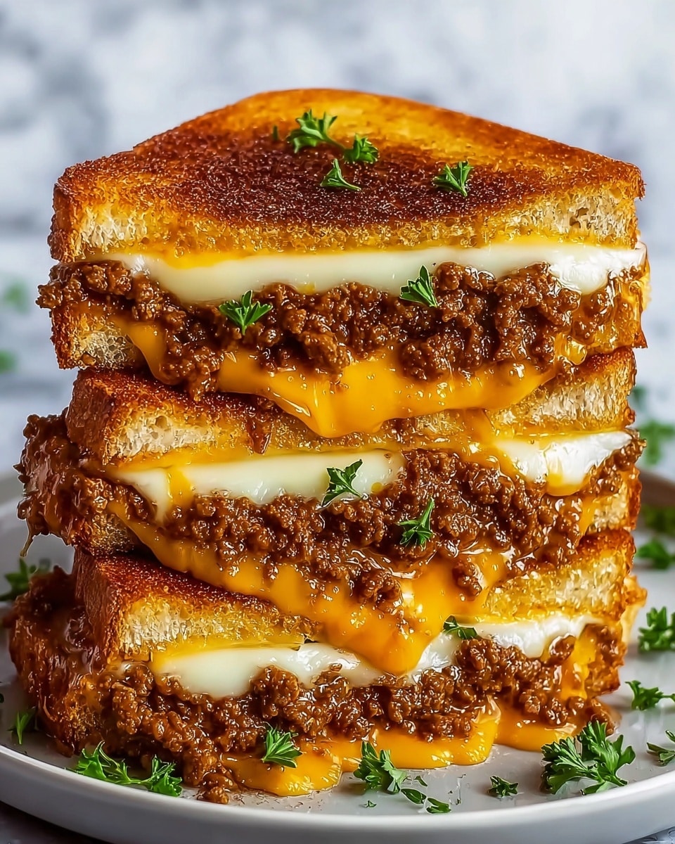 The image shows a triple-layer grilled sandwich stacked with three slices of golden brown toasted bread, each slice with a slightly crispy texture. Between each bread layer, there is a thick layer of melted cheese that is a mix of white and bright orange, oozing out and creating a gooey effect. In addition to the cheese, there are generous amounts of browned ground beef filling between the layers, adding a chunky texture. Small green parsley leaves are scattered on top of the sandwich and on the filling, giving a fresh contrast to the rich colors. The sandwich is placed on a white plate on a white marbled textured surface. Photo taken with an iphone --ar 4:5 --v 7