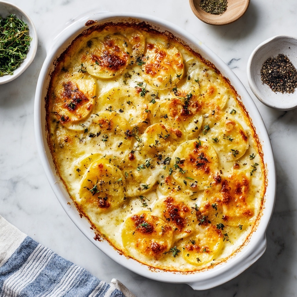 A white rectangular baking dish filled with a creamy potato gratin, showing about three layers of thin, golden potato slices covered with a bubbly, browned cheese sauce on top. The top layer has light golden and slightly crisp edges with small green herb sprinkles and black pepper scattered across the surface. The dish is placed on a white marbled texture with a folded white and blue striped cloth partly visible underneath. To the side, there are small bowls with finely chopped green herbs and black pepper. Photo taken with an iphone --ar 4:5 --v 7