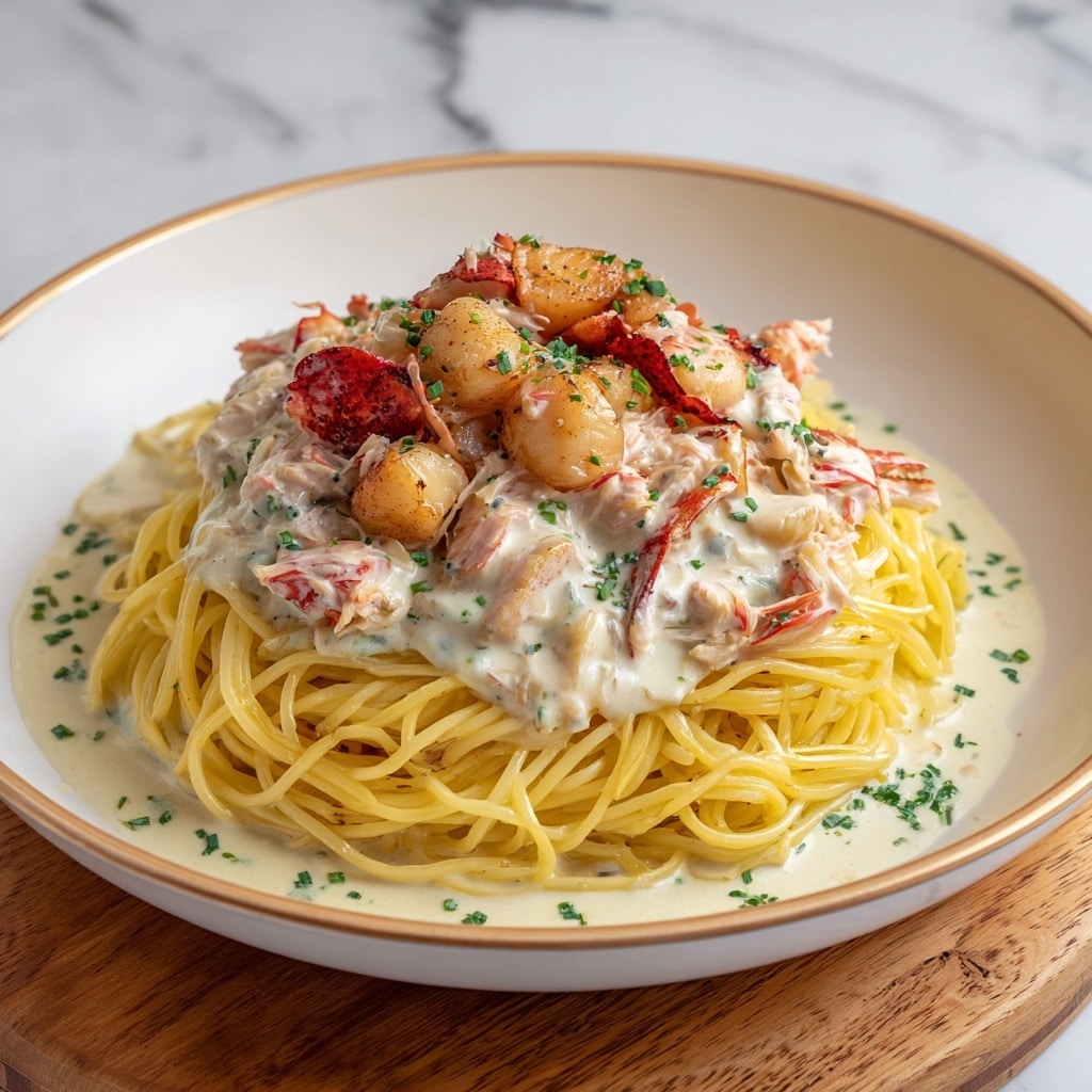 A plate of creamy pasta with two main layers is shown. The bottom layer is a bed of thin, yellow spaghetti noodles arranged in a circular pile. On top is a thick creamy white sauce mixed with chunks of light orange lobster meat and small browned scallops, all scattered evenly. The dish is garnished with small green herb bits for color. The pasta sits on a white plate with a thin beige rim, placed on a wooden board, all against a white marbled background. photo taken with an iphone --ar 4:5 --v 7