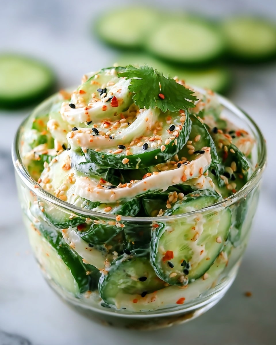 The image shows a white bowl filled with a creamy cucumber chicken salad. The bottom layer consists of shredded chicken mixed with a creamy white dressing speckled with small red bits. On top of this are sliced, fresh green cucumbers with visible seeds. The salad is sprinkled evenly with white and black sesame seeds adding texture, along with a few small red pepper flakes for color contrast. The bowl is placed on a white marbled surface with additional cucumber slices and green leaves around it for decoration. Photo taken with an iphone --ar 4:5 --v 7