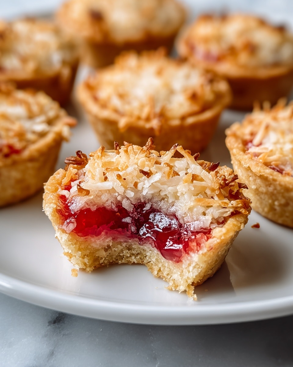 The image shows several small round tarts on a white plate with a white marbled surface underneath. Each tart has three layers: the bottom layer is a light golden crust with a soft texture, the middle layer is a smooth, pale pink cream filling, and the top layer is a shiny, bright red jelly. On top of the jelly, there is a crispy layer of toasted shredded coconut that is golden brown and adds texture. One tart in the front has a bite taken out of it, clearly showing all three layers. Photo taken with an iphone --ar 4:5 --v 7