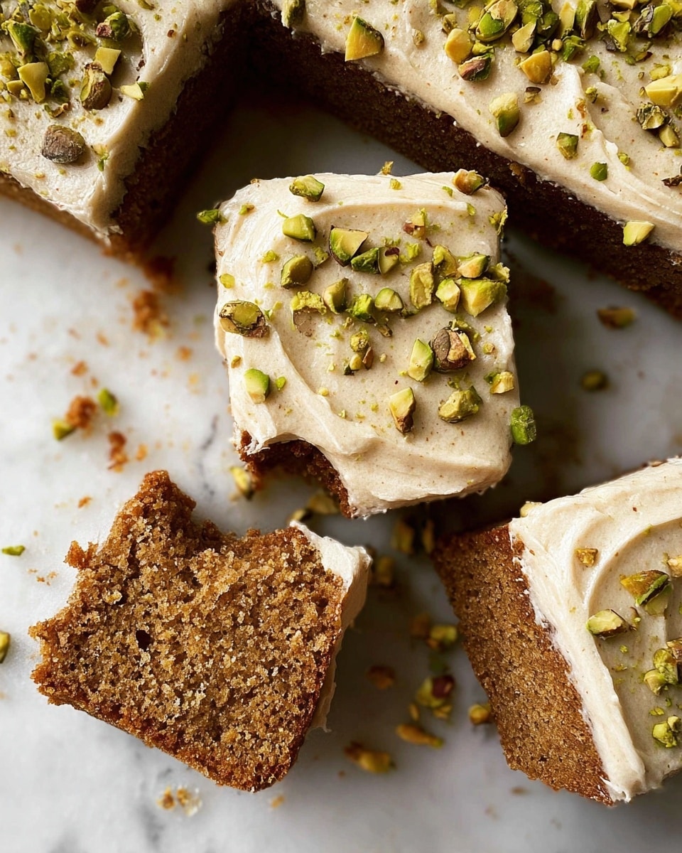 The image shows several square pieces of moist brown cake with one thick creamy white frosting layer on top. The frosting is smooth with a slightly whipped texture and is sprinkled with small chopped green pistachio nuts evenly scattered over the surface. Some crumbs and broken bits of cake are around the pieces, all placed on a white marbled surface. photo taken with an iphone --ar 4:5 --v 7