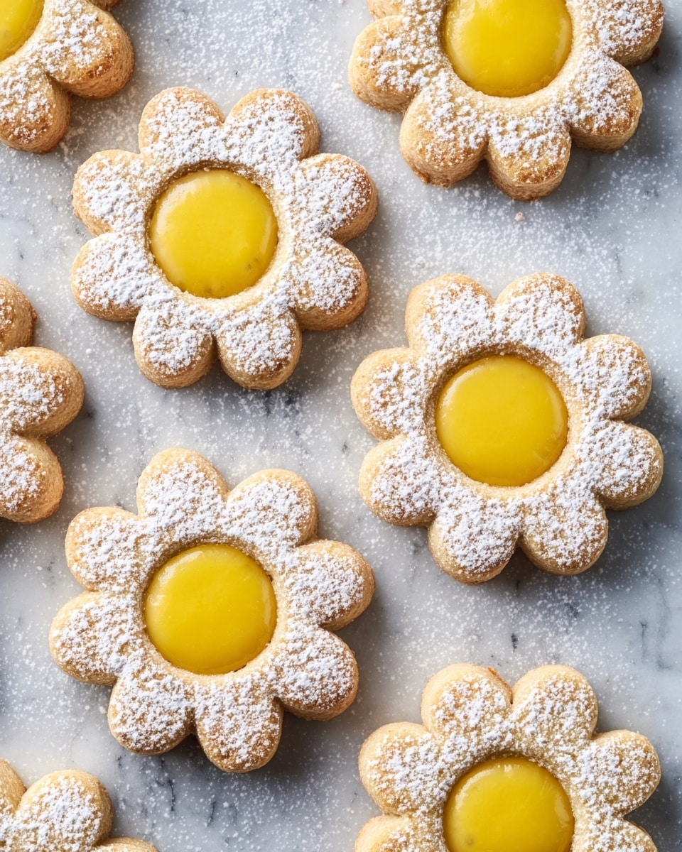 A white plate with three flower-shaped cookies arranged side by side, each cookie has two beige layers with a bright yellow round filling in the center. The top cookie is half dusted with white powdered sugar. Next to the cookies, there is a small white cup containing yellow cream with some cream around the inner rim. Two silver spoons cross each other on the right side of the plate, one spoon holds a small amount of white cream. The plate sits on a white marbled texture with three more cookies slightly blurred in the background. Photo taken with an iphone --ar 4:5 --v 7