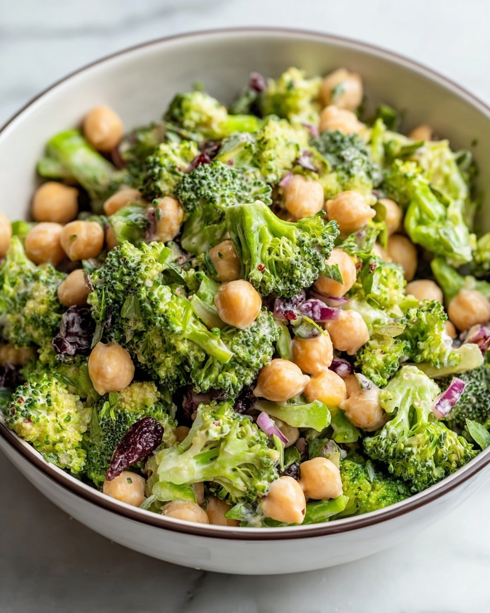 A close-up view of a broccoli and chickpea salad in a white bowl with a thin dark rim, placed on a white marbled surface. The salad is made of three main layers: the first layer is small broccoli florets in bright green with a slightly rough texture, the second layer consists of round, smooth, pale beige chickpeas scattered evenly throughout, and the third layer includes small pieces of dark purple-red onion and green herbs, adding contrast. The ingredients are mixed together lightly coated with a creamy dressing, giving a fresh and vibrant look. photo taken with an iphone --ar 4:5 --v 7