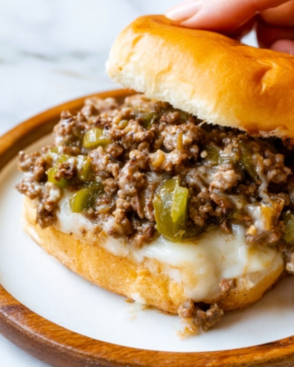 A close-up image shows a cheeseburger patty with finely ground cooked beef mixed with melted white cheese that looks creamy and gooey. Small pieces of bright green bell pepper are mixed evenly throughout the patty. The right side of the image shows a soft, golden brown burger bun slightly lifted above the patty. The whole dish rests on a white marbled surface. Photo taken with an iphone --ar 4:5 --v 7