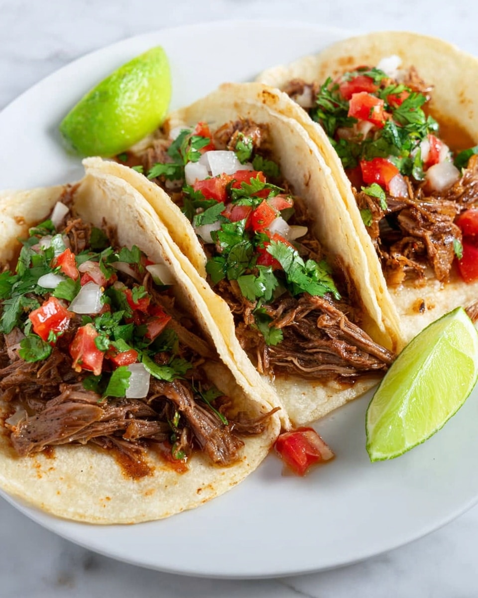 Three soft corn tortillas are stacked close together on a white plate, each filled with shredded brown meat topped with a colorful mix of chopped green cilantro, white onion, and red tomato pieces. The tortillas have light brown char marks and soft texture. Two lime wedges with bright green skin and juicy light green flesh are placed next to the tacos, adding a fresh contrast. The background is a white marbled surface. photo taken with an iphone --ar 4:5 --v 7