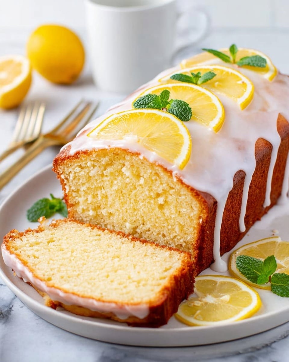 A loaf of lemon cake is sliced and placed on a white plate, sitting on a white marbled surface. The cake has a light golden brown crust with a soft, moist yellow inside. It is covered with a thin layer of white icing that drips slightly over the sides. On top, there are thin lemon slices arranged in a row along the length of the cake, each slice partly overlapping the next, with small green mint leaves as decoration between the lemon slices. Additional lemon slices are scattered around the plate near the cake. In the background, there is a white napkin and a white small pitcher, with a gold fork lying nearby. photo taken with an iphone --ar 4:5 --v 7