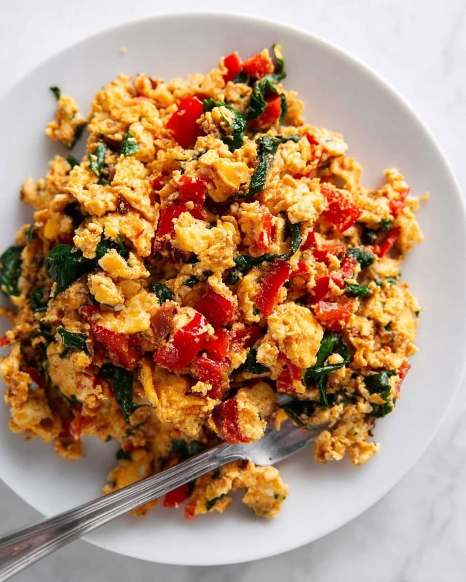A white plate filled with a mix of scrambled eggs that are soft yellow and white in color, combined with bright red chopped bell peppers and dark green spinach leaves. The texture looks crumbly and slightly moist, with small pieces of each ingredient evenly spread throughout. A metal fork is resting on the plate, partially inserted into the egg mixture. The background is a white marbled texture. photo taken with an iphone --ar 4:5 --v 7