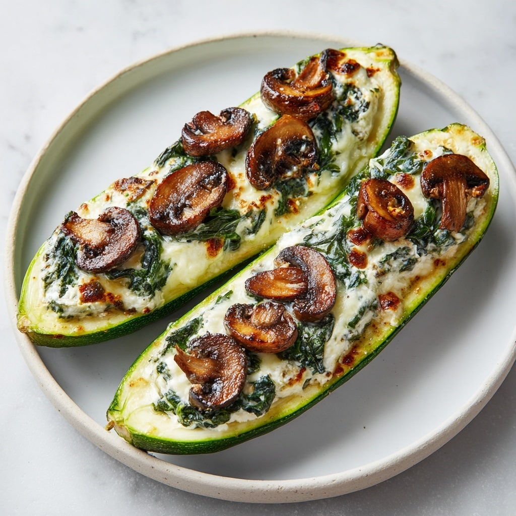 Two zucchini halves sit side by side on a white plate with a white marbled texture background. Each zucchini half is hollowed out, showing three main layers inside. The bottom layer is the bright green zucchini skin with a smooth texture. The middle layer is creamy ricotta cheese mixed with dark green cooked spinach, giving it a soft and slightly chunky look. On top, there are several brown, cooked mushroom slices scattered evenly, with a shiny, slightly oily surface. The dish looks warm, fresh, and colorful, with the green, creamy white, and brown layers clearly visible. photo taken with an iphone --ar 4:5 --v 7