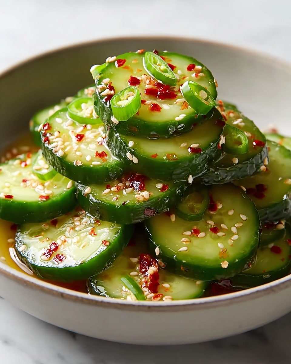 A bowl filled with two layers of thick cucumber slices stacked on top of each other. Each cucumber slice is bright green with a smooth, moist texture and topped with small pieces of red chili flakes and light tan sesame seeds. The top layer has a few cucumber slices garnished with a single slice of green chili pepper on each. The bowl is white and resting on a white marbled surface. photo taken with an iphone --ar 4:5 --v 7