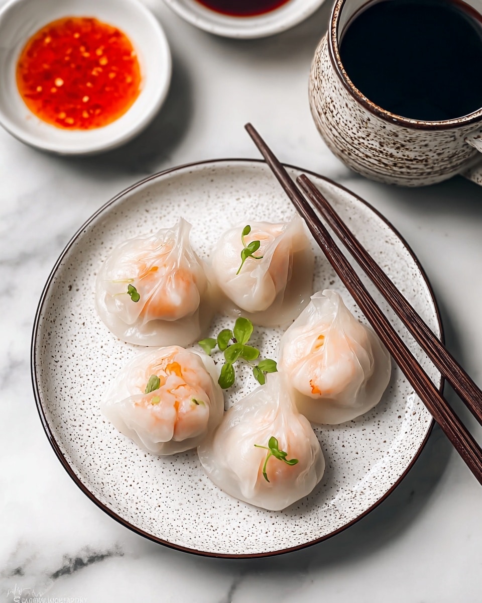 The image shows four translucent dumplings with a soft, glossy texture on a dark round plate with a thin brown edge. Each dumpling reveals a light pink shrimp filling inside, with slight orange highlights on top. They are arranged with a few small, chopped green onion pieces placed under and between the dumplings. Resting diagonally on the plate is a pair of dark brown wooden chopsticks. In the blurred background are two small white bowls containing dipping sauces, one dark brown and one filled with vibrant red chili flakes, all set on a white marbled surface. photo taken with an iphone --ar 4:5 --v 7