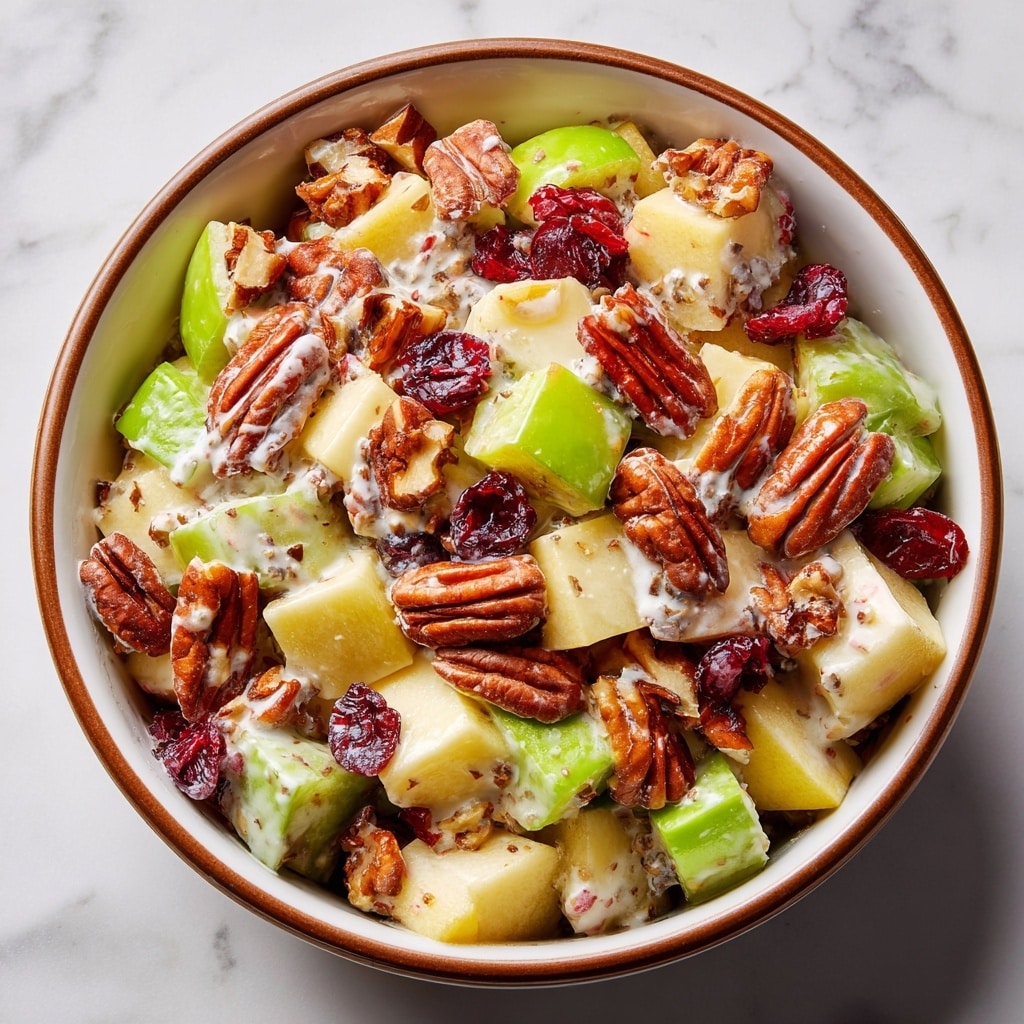 A close-up view of a white bowl filled with a colorful fruit salad, showing about three layers of ingredients. The bottom layer has chunks of green apple with bright green skin and white inside, mixed with small pieces of light green celery. On top, there are shiny dried red cranberries scattered throughout, adding deep red spots. Small brown pecan halves are spread evenly on the salad, and the entire mix is coated lightly with a speckled dressing that looks creamy with tiny brown seeds. The background is a soft white marbled texture. Photo taken with an iphone --ar 4:5 --v 7