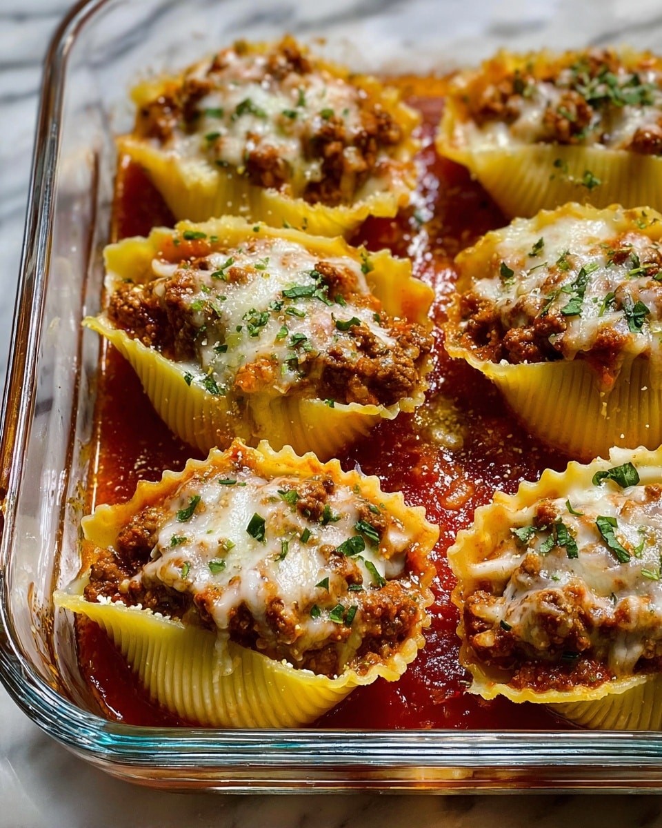 The image shows large pasta shells filled with a brown meat mixture and topped with melted creamy white cheese and sprinkled with green herbs, all sitting in a rich red tomato sauce. The pasta shells are arranged closely together in a black pan, with some sprinkled parmesan cheese on top and fine bits of green herbs scattered around. The sauce looks smooth with a deep red color, pooling around the shells, creating a warm and hearty feel. photo taken with an iphone --ar 4:5 --v 7