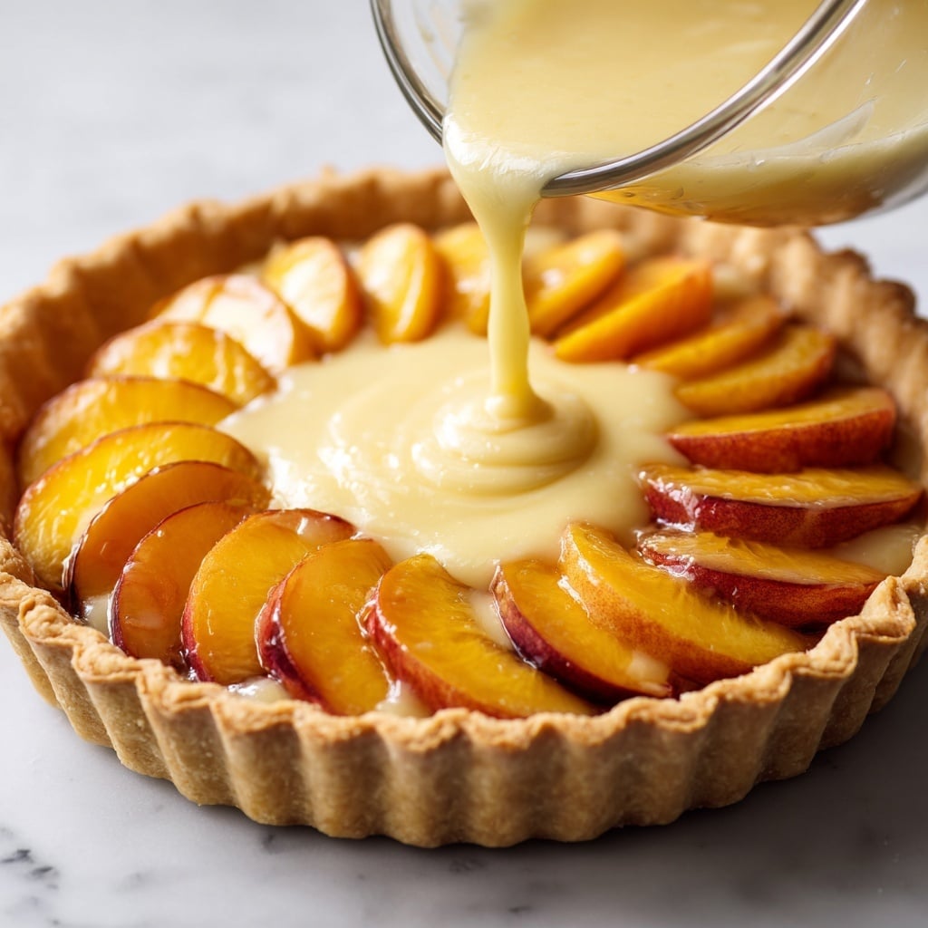 A close-up of a freshly made fruit tart in a white pie crust, arranged in a clear glass bowl on a white marbled surface. The bottom layer has neatly placed bright orange peach slices arranged in a circular pattern, radiating from the center to the edges. Above the peach slices, a smooth pale yellow cream is being poured slowly from a clear glass bowl, captured mid-pour in a thick stream that pools in the tart center. The crust edges are crimped and golden, framing the colorful layers inside. Photo taken with an iphone --ar 4:5 --v 7